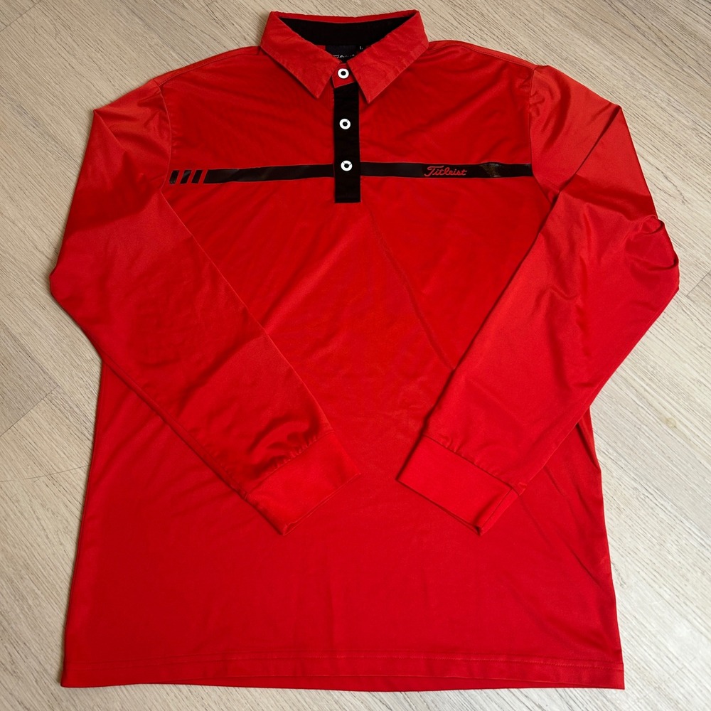 Titleist Mens Long Sleeve Golf Polo Shirt Red Black Stripe Size Large